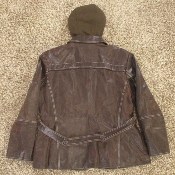 Columbia Vintage Y2K Leather Jacket XL Brown Hooded Pockets Button Front Quilted - Picture 2 of 8
